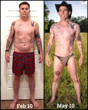 Steve-O Instagram - These photos are three months and TWENTY POUNDS apart! My 50th birthday is next month, and I decided to kick Father Time in the nuts as hard as I can by getting as healthy as possible.  Ranch life is good, thanks so much to @jbird48 for shooting my sexy “after” shots!