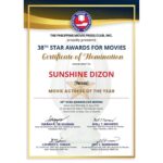 Sunshine Dizon Instagram – Taos pusong pasasalamat sa lahat ng bumubuo at mga hurado ng 38th PMPC Star Awards.

Marami pa po sana akong gusto sabihin kagabi but i got too emotional and overwhelmed. So please allow me to properly say what I should’ve said last night.

Thank you @versus_pelikula Sir Art Cruz and Maam Riz Cruz of ADCC Productions for giving me the opportunity to give life to Lea Santos and producing our Writer Director’s @joverjoel beautiful story.
To Sir Dennis Evangelista @dennisevangelista888 for all the well chosen projects he has offered me to portray through the years, maraming salamat po.
Director @joverjoel thank you for your guidance , trust and your beautiful script.  I would also like to share this recognition to one of my dear friend and favorite screen partner Mr. @gabbyeigenmann for his generosity, dedication and contagious passion as an actor. 
Kaps para saatin ito at mahal na mahal kita.
To our Manager Perry Lansigan @ppl_entertainment_inc thank you for always pushing us to be the best and believing in our dreams and helping all your alagas to achieve them. 

Mahanay lang po sa mga haligi ng industrya gaya ng Ate @claubarretto , Mega Star @reallysharoncuneta , at ibang kasama sa nominasyon ay sapat na, pero sobra sobrang pasasalamat na ako’y mabigayan ng pag kakataong mahanay sa nag iisang Miss @charosantos ay isang napakalaking karangalan na buong buhay kong hindi malilimutan.

To Doreen, and Antonio you will always be Mama’s inspiration to always strive to be the best. I love you both so much. 

To my Papa, i know you are looking down from heaven and i can only hope and pray that i make you proud everyday. 

Sa lahat po ng patuloy na nag titiwala at nagbibigay suporta maraming salamat po. 

#StarAwardsMovieActressoftheyear 🙏🏻