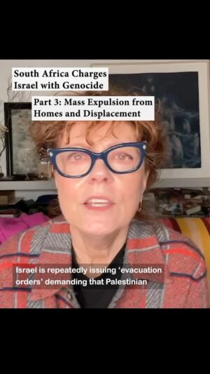 Susan Sarandon Instagram - Part 3: Mass expulsion from homes and displacement of Palestinians.

Clauses 56-60 read by Susan Sarandon, Adam Bakri, Sepideh Moafi, Wallace Shawn & Maxine Peake. 

This is video 3/11

The total cast reading South Africa’s historic dossier: 

Khalid Abdalla, Tunde Adebimpe, Gbenga Akinnagbe, Adam Bakri, Kathleen Chalfant, Steve Coogan, Liam Cunningham, Charles Dance, Natalie Diaz, Stephen Dillane, Inua Ellams, Paapa Essiedu, Lena Headey, Aida El-Kashef, Maaza Mengiste, Tobias Menzies, Sepideh Moafi, Indya Moore, Peter Mullan, Cynthia Nixon, Maxine Peake, Dario Ladani Sanchez, Susan Sarandon, Maisie Richardson Sellers, Alia Shawkat, Wallace Shawn, Morgan Spector, Carice van Houten, Harriet Walter & Zukiswa Wanner | @susansarandon @maisiersellers @maazamengiste @sepidehmoafi @adambakri @betteblavatsky @gbengaakinnagbe @tadebimpe @cynthiaenixon @inuaellams @epluribusyourmom @pessiedu @darioladani @leavecaricealone @iamlenaheadey @liamcunningham1 @khalid3bdalla @indyamoore @aidaelkashef @zukiswawanner
