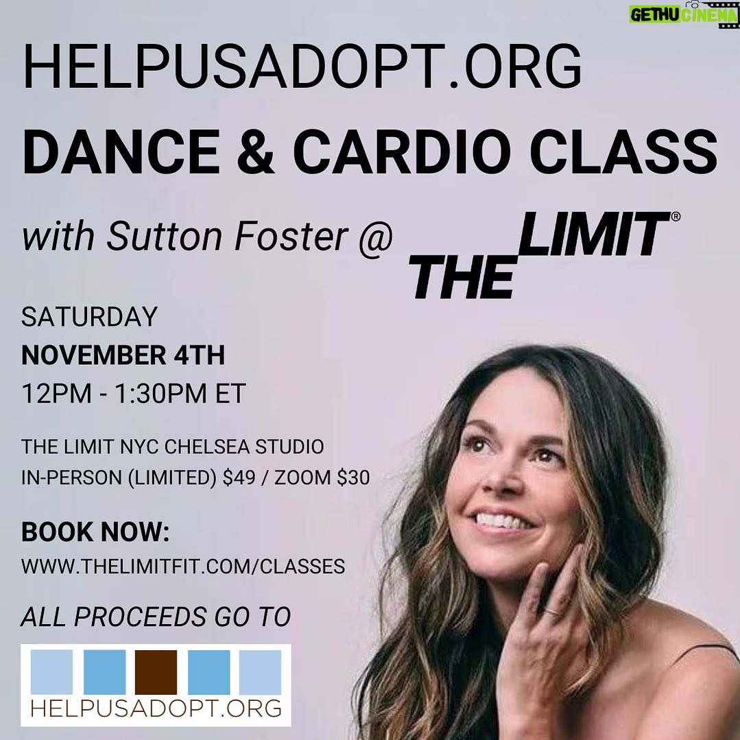 Sutton Foster Instagram - Look! It’s a Sutton Foster Dance Cardio Fundraiser for HELPUSADOPT.ORG at @TheLimitFit in Chelsea! • SATURDAY, NOV 4TH • 12PM - 1:30PM ET THE LIMIT NYC CHELSEA STUDIO • IN-PERSON (LIMITED) — $49 • ZOOM — $30 Book now: www.thelimitfit.com/classes All proceeds go to HELPUSADOPT.ORG #thelimitfit #helpusadopt #dancecardio #fundraiser #adoption #fitness #suttonfoster