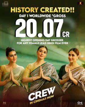 Tabu Instagram - HISTORIC! 😍🥳
We are overwhelmed with love for our Crew! ❤️
The Biggest Female Led opener in the History of Hindi Cinema Worldwide! 💃🏻
Crew is in Cinemas NOW!✈️