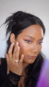 Tara Basro Instagram - Pink Iridescent eye make up @makeoverid kalau kalian suka warna eyeshadow apa? - Make Over Powerstay Demi Matte Cushion W60 - Futurist Gleam Palette - Powerstay Matte Lip Cream B11 & B13 - Lip Amplify Exposed - Hyperblack Superstay Liner