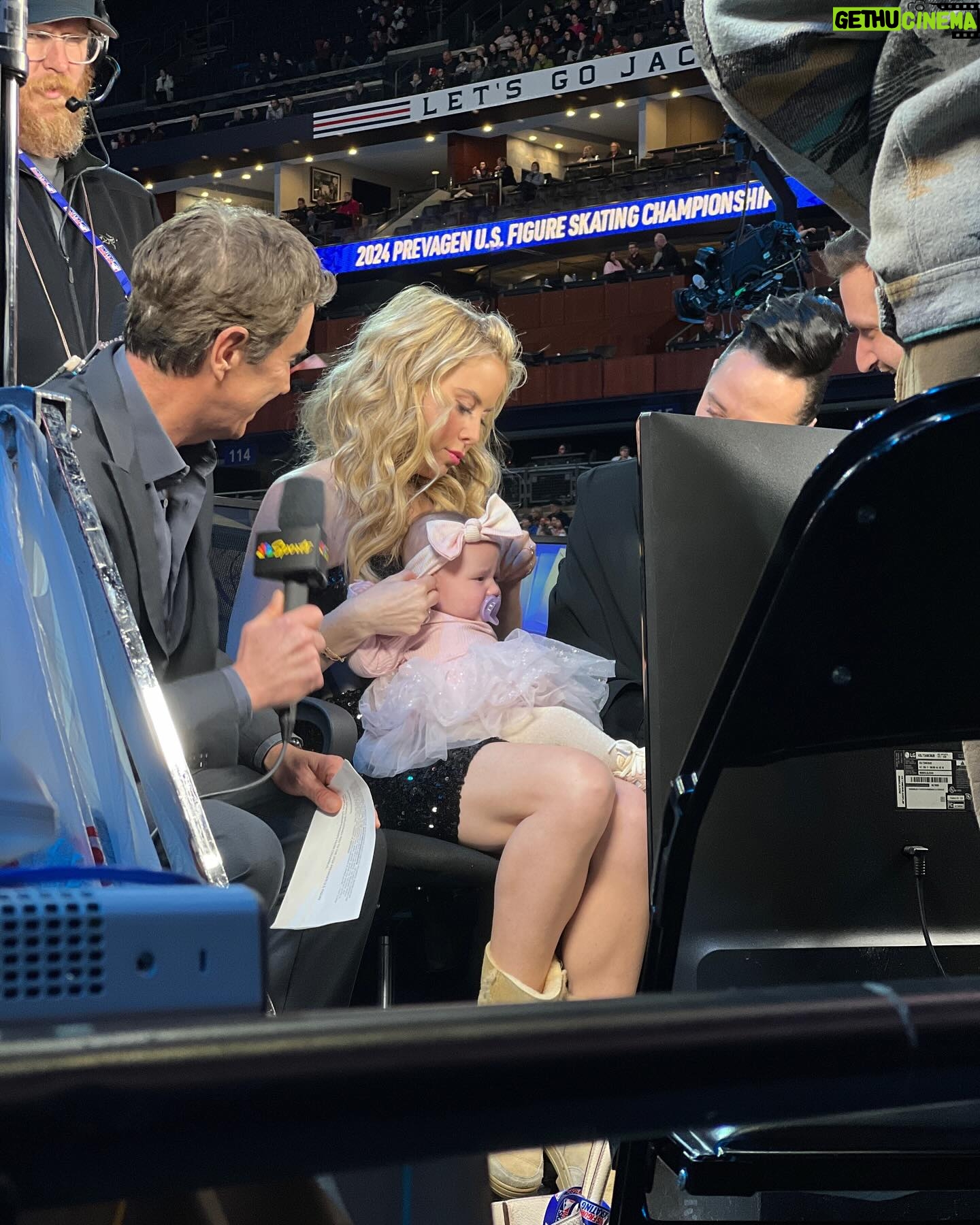 Tara Lipinski Instagram - Nationals 2024 X Georgie 💋 My takeaways - I love my boys. @johnnygweir @terrygannon83 My ride or dies. It’s as fun and in sync as day 1, how did we get this lucky?!🍀 - commentating on live TV with food poisoning is terrifying. Let’s never do that again. -showing Gigi the ice for the first time and having her meet my skating/tv fam made my heart sing. I can’t wait til she actually calls J “Uncle Johnny” Also Gigi’s tv debut with the bottom pouty lip was perfect. - felt like my uncle was watching over me more than ever, so proud…as always. ❤️ #figureskating #newmom #bringbabytoworkday Dresses- @dressthepop