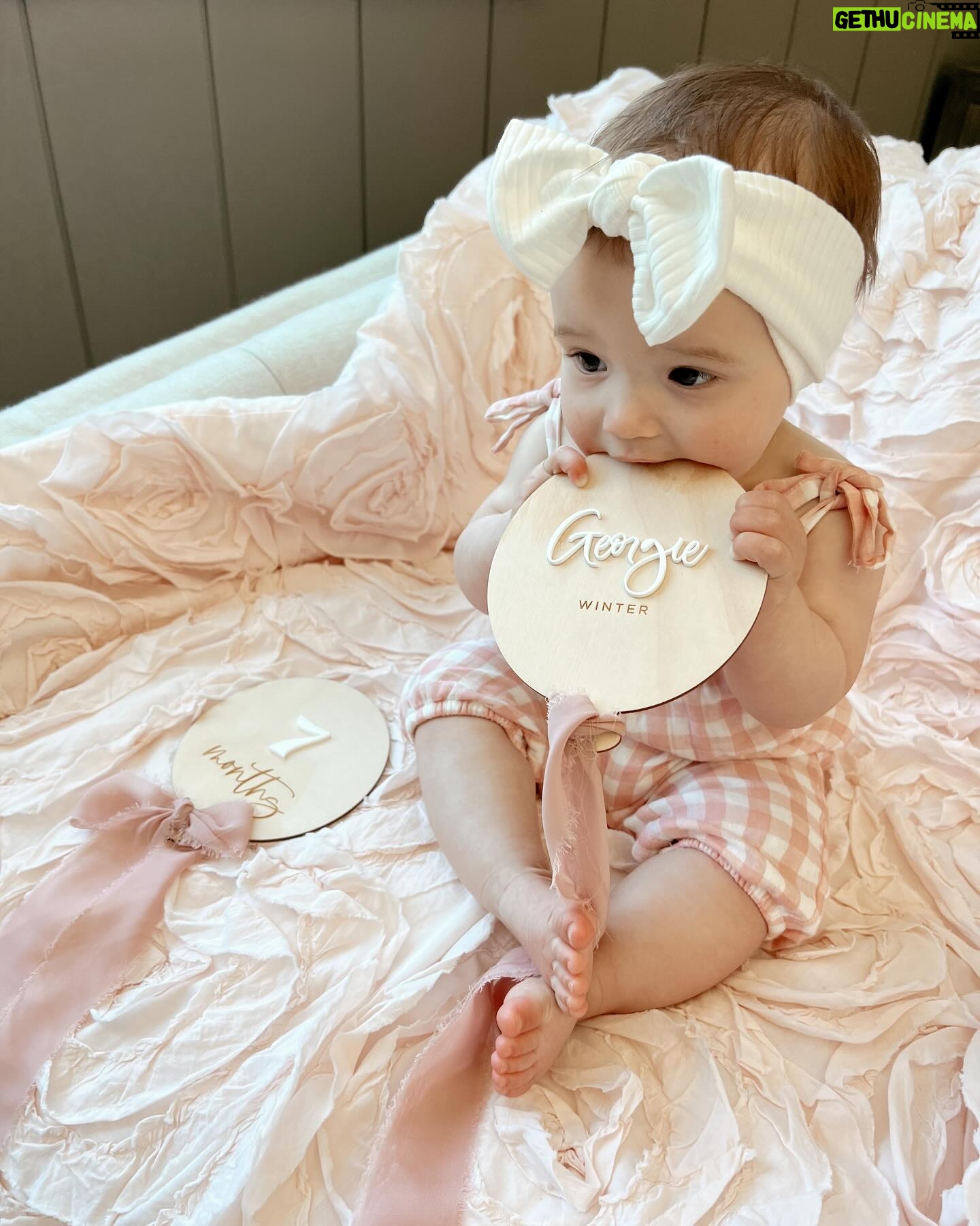 Tara Lipinski Instagram - Welp I better post her 7 month pictures considering next week she is 8 months!!! Moms- how do you take these pics when they are moving all around lol?! This is getting challenging. #7monthsold #babygirl #parenting #momanddad #babypics #babymilestones #babyonthemove