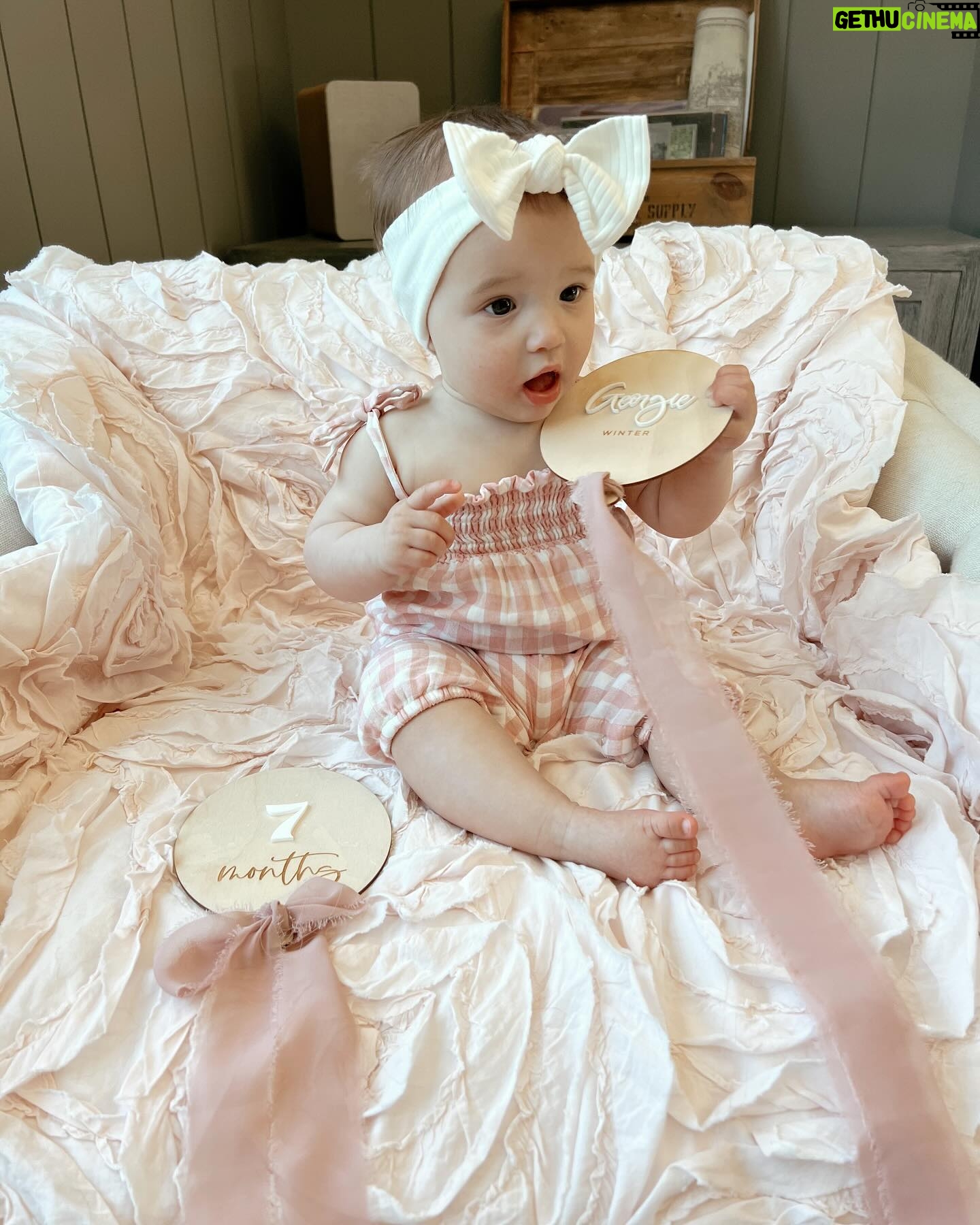 Tara Lipinski Instagram - Welp I better post her 7 month pictures considering next week she is 8 months!!! Moms- how do you take these pics when they are moving all around lol?! This is getting challenging. #7monthsold #babygirl #parenting #momanddad #babypics #babymilestones #babyonthemove