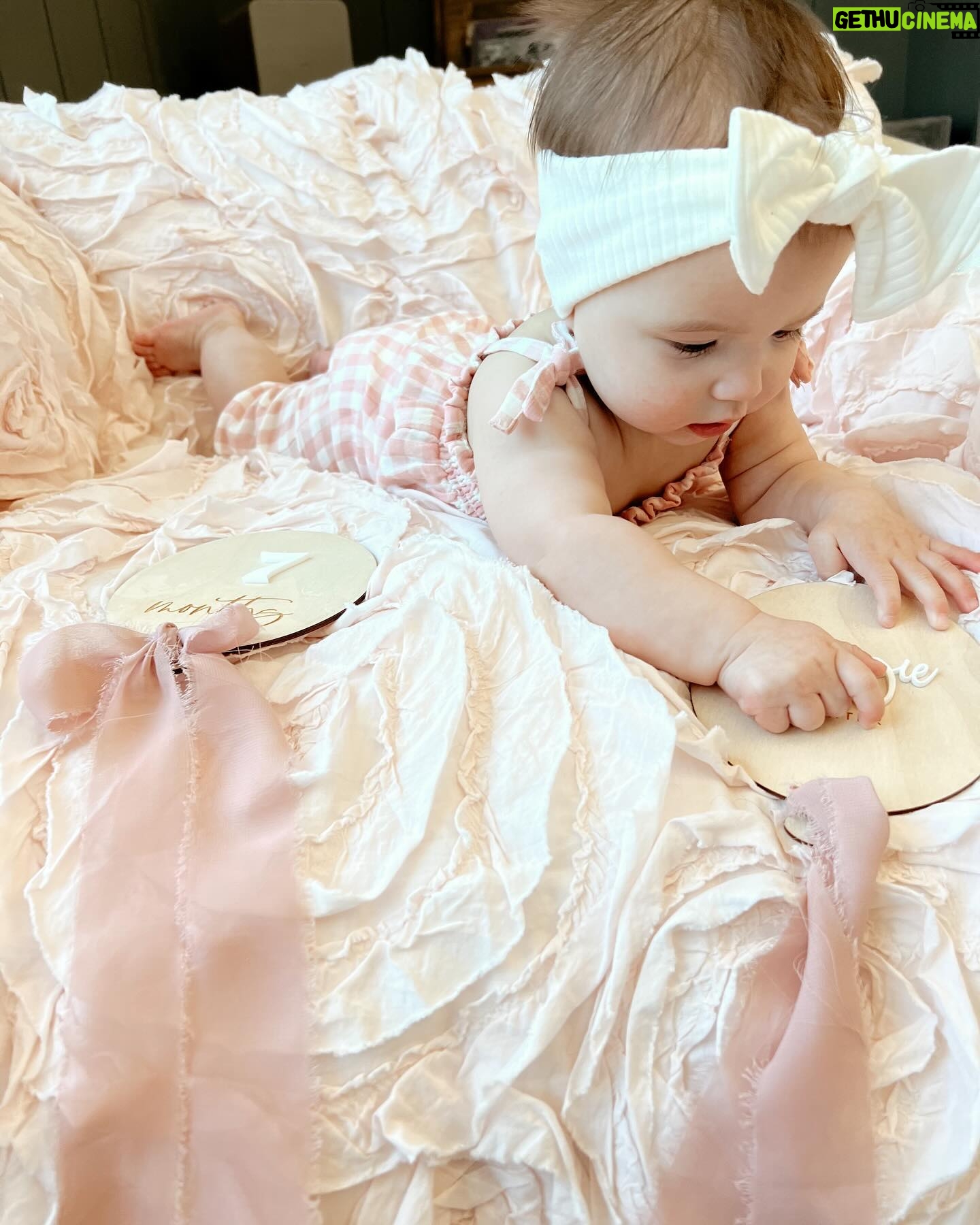 Tara Lipinski Instagram - Welp I better post her 7 month pictures considering next week she is 8 months!!! Moms- how do you take these pics when they are moving all around lol?! This is getting challenging. #7monthsold #babygirl #parenting #momanddad #babypics #babymilestones #babyonthemove