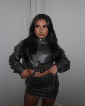 Tati McQuay Instagram - Tell me you don’t never wanna lose me 🩶 @prettylittlething #PLTpartner 

Jacket - sku code (CNG5403)
Mini Skirt - sku code (CNG5404)