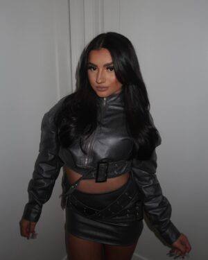 Tati McQuay Instagram - Tell me you don’t never wanna lose me 🩶 @prettylittlething #PLTpartner 

Jacket - sku code (CNG5403)
Mini Skirt - sku code (CNG5404)