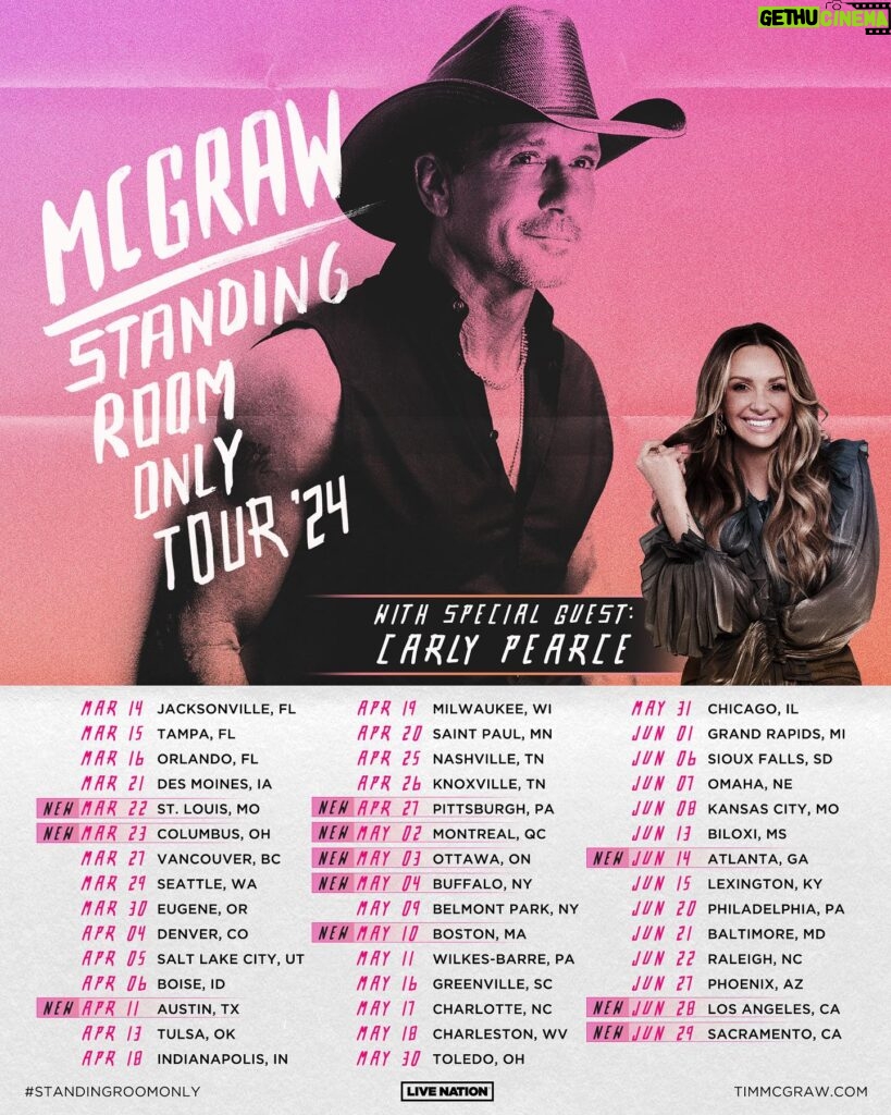 Tim McGraw Instagram - You asked for it… so we added more shows from coast to coast! Can’t wait for the Standing Room Only Tour 2024 with special guest @carlypearce. Tickets for new shows on sale this Fri 9/29 at 10am local. Sign up to get a reminder at TimMcGraw.com!