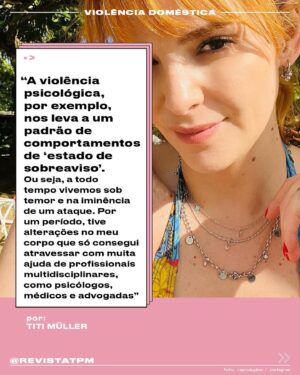 Titi Müller Instagram - “Ainda estamos aprendendo a diferenciar relacionamento ruim de violento”, diz a apresentadora Titi Müller (@titimuller_). Ela se tornou uma voz importante sobre a proteção e os direitos das mulheres depois de denunciar o ex-marido e pai de seu filho por violência doméstica. Titi conta que não foi fácil ter coragem de falar – e por isso a informação e apoio de outras mulheres são fundamentais nesse processo. “O que antes me paralisava hoje é meu maior combustível de cura. Me abordam nas redes e nas ruas agradecendo a coragem que eu tive. Isso reforça que somos muitas e não precisamos estar sós”, contou à Tpm. “Se alguma pessoa próxima estiver passando por uma situação parecida, acolha. Segure na mão e ofereça escuta”. Arrasta pra ler seu depoimento!

Foto: Reprodução / Instagram