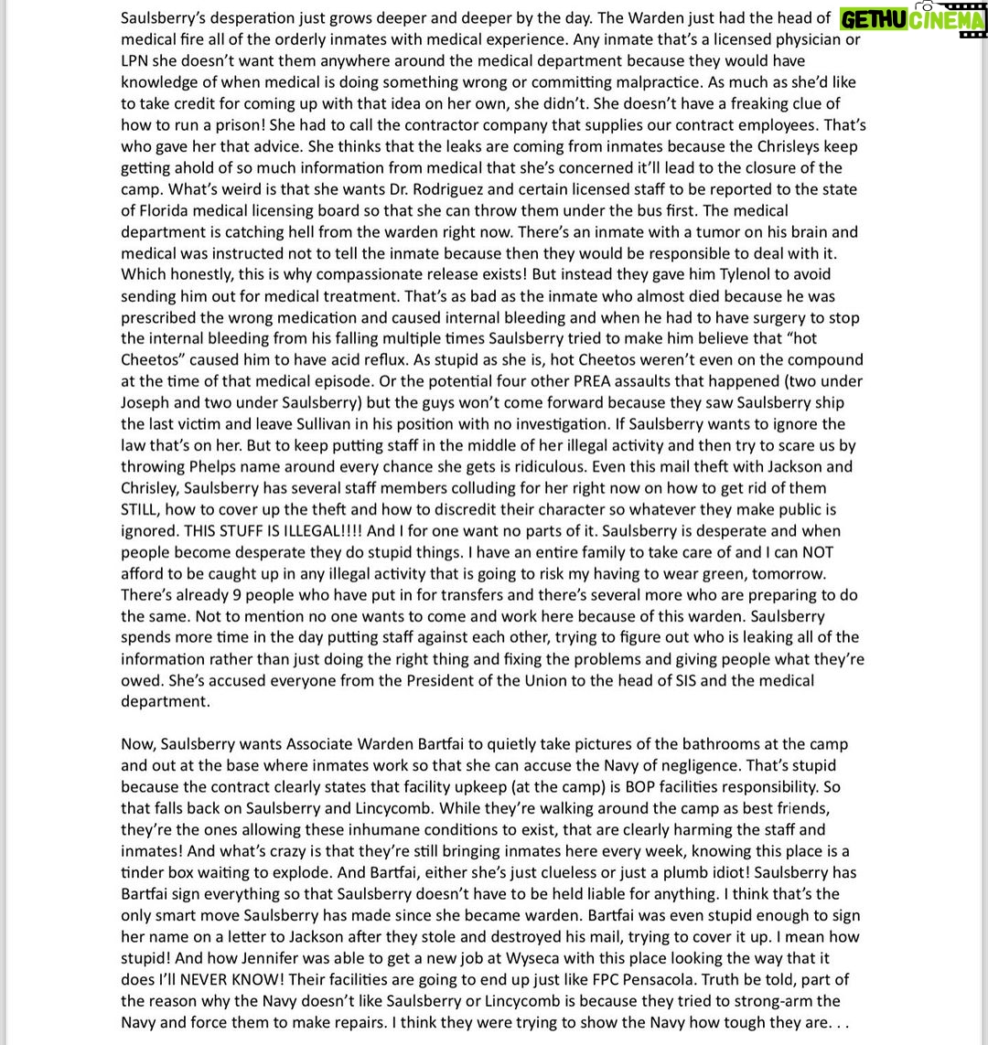Todd Chrisley Instagram - Just another letter we received from a whistleblower! WHEN WILL IT STOP! Is this really what all 122 institutions in the BOP look like? Since when is it ok to employ the corrupt to govern over who the DOJ makes society think is corrupt? Our system of Justice is a JOKE. And where is the Navy in all of this? Why are they allowing these conditions to exist? These men are literally confined in a death trap. What’s next? UNBELIEVABLE! #Corruption #Inhumane #Conditions #Mail #Theft #Black #Mold #Unsafe #Water #Asbestos #Condemned #Buildings #Fire #Hazards #Medical #Malpractice #Sexual #Assaults #Coverups #Scandals #Low #Food #falsified #government #docs