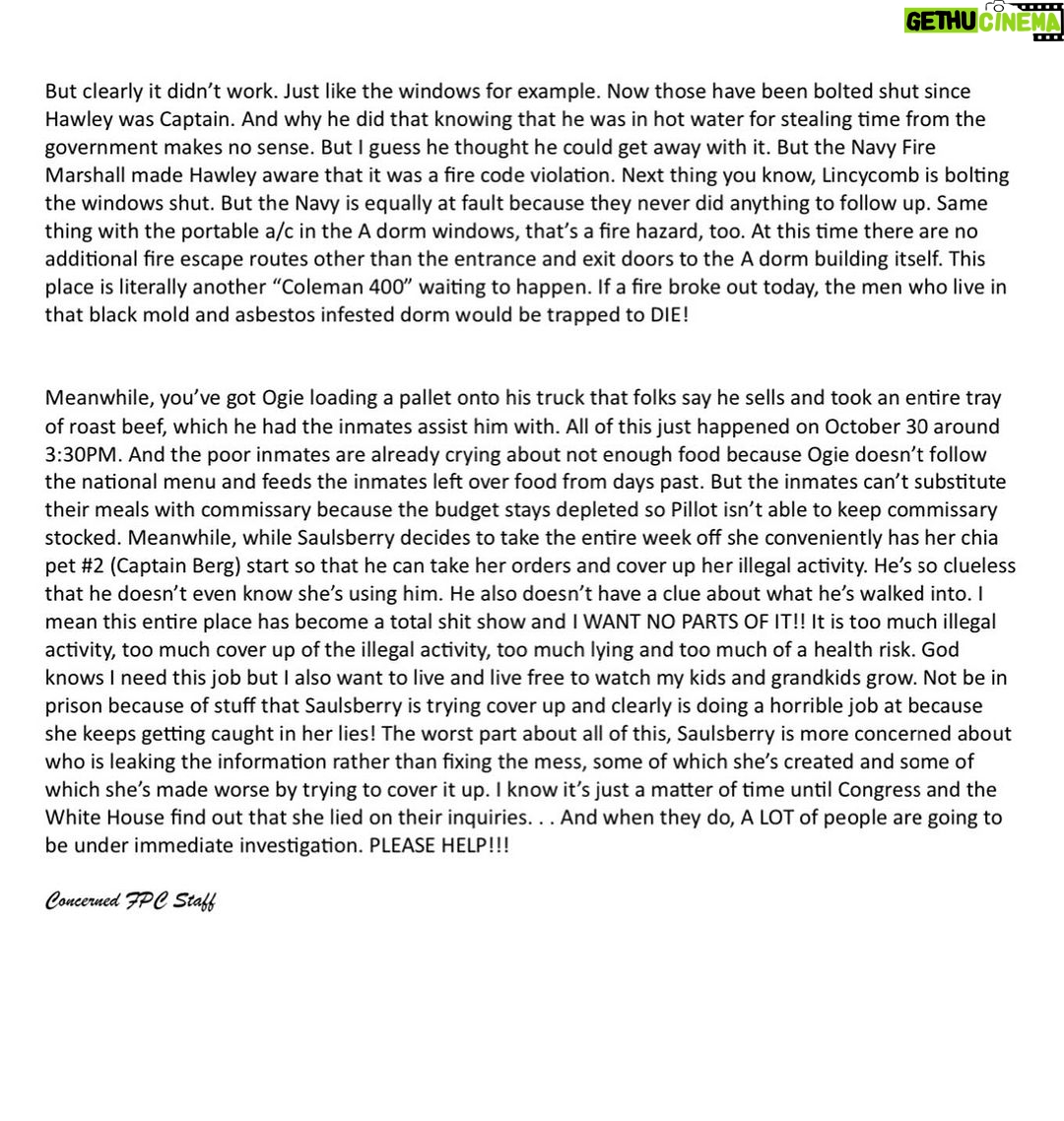 Todd Chrisley Instagram - Just another letter we received from a whistleblower! WHEN WILL IT STOP! Is this really what all 122 institutions in the BOP look like? Since when is it ok to employ the corrupt to govern over who the DOJ makes society think is corrupt? Our system of Justice is a JOKE. And where is the Navy in all of this? Why are they allowing these conditions to exist? These men are literally confined in a death trap. What’s next? UNBELIEVABLE! #Corruption #Inhumane #Conditions #Mail #Theft #Black #Mold #Unsafe #Water #Asbestos #Condemned #Buildings #Fire #Hazards #Medical #Malpractice #Sexual #Assaults #Coverups #Scandals #Low #Food #falsified #government #docs