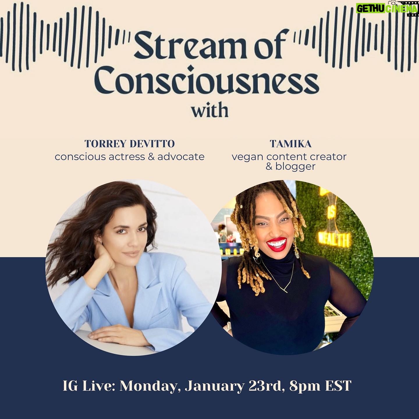 Torrey DeVitto Instagram - Hey all! Join me and @plantbasedtamika live, Monday, January 23rd at 8pm eastern. Tamika is a vegan content creator and blogger. Her fun, engaging content shows that a plant-based lifestyle is not a life of deprivation, but a life of abundance and joy. Tamika’s mission is to spread joy and inspire healing from the inside out. Can’t wait to pick her brain about all things vegan! Hope to see you all there !