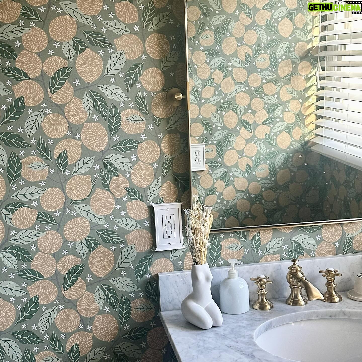 Torrey DeVitto Instagram - I love playing with wallpaper ! Itβs such an easy way to change, cozy up or play up any room. π We did our library, guest bedroom, powder room, hallway and office. Should we do our bedroom next ??? β¦ π€ I highly recommend checking out @york_wallcoverings & @astreetprints for a ton of really beautiful wallpaper options!