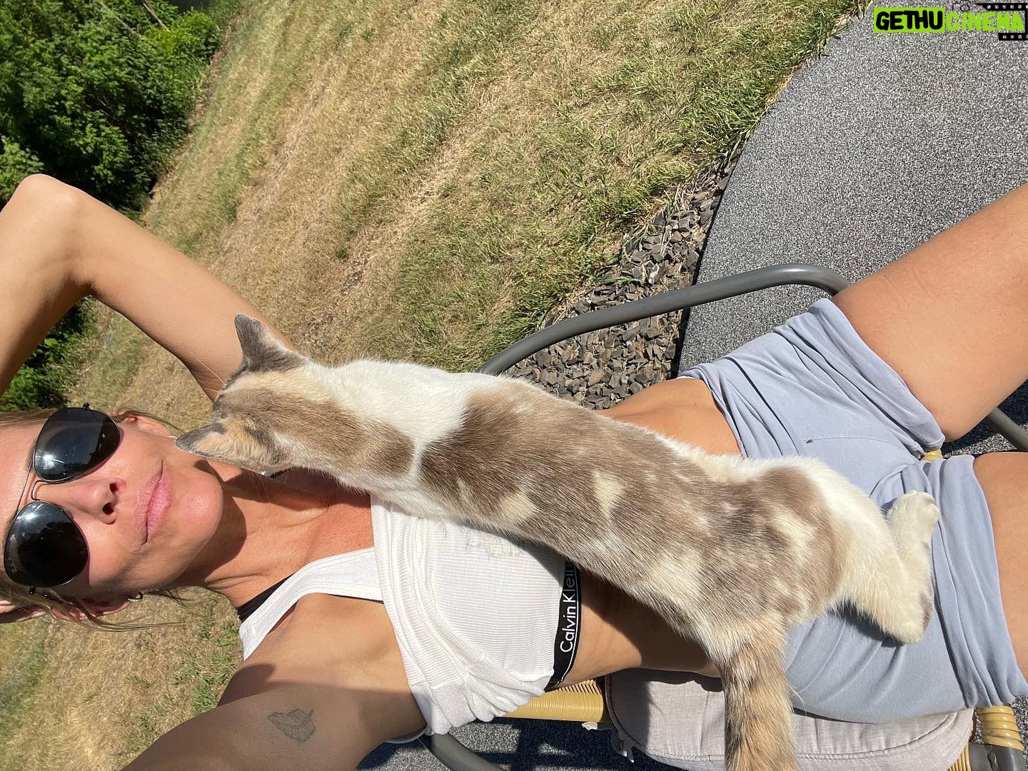 Tricia Helfer Instagram - Trying to relax for 10min after a long day of mowing Dad’s farmyard and it goes something like this. #theyfindmeeverywhere #alberta #farmlife