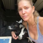 Tricia Helfer Instagram - Never fails — trying to get a pic with my “sweet” boy Earl, and my “naughty” boy Larry comes up and pushes him out of the way. Sibling rivalry 🙄