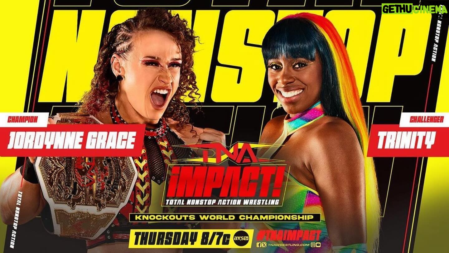 Trinity Instagram - @tnawrestling Jordynne Grace defends the Knockouts World Championship against Trinity THURSDAY at 8/7c on AXS TV! #TNAiMPACT
