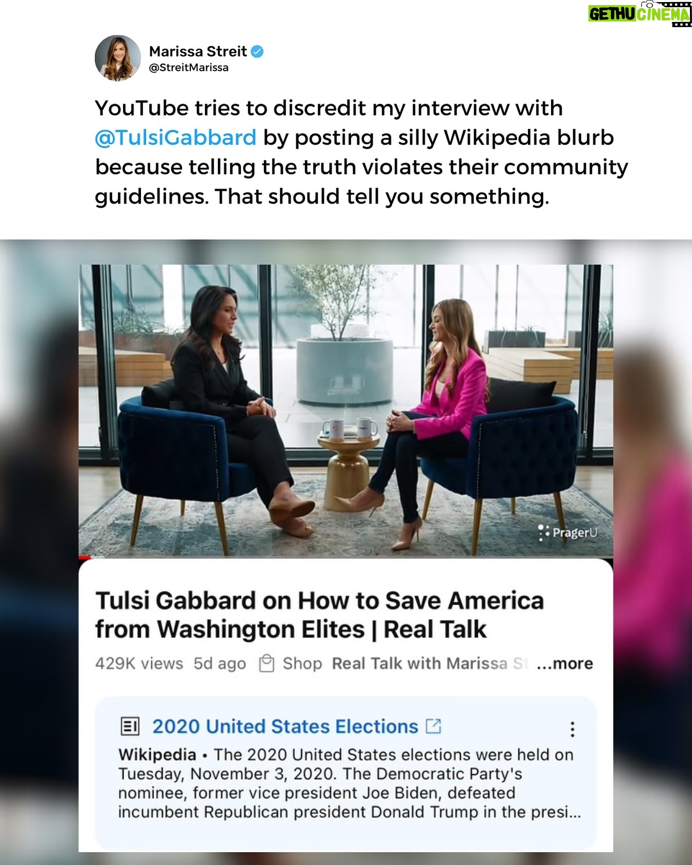 Tulsi Gabbard Instagram - YouTube tries to discredit my interview with @tulsigabbard by posting a silly Wikipedia blurb because telling the truth violates their community guidelines. That should tell you something.