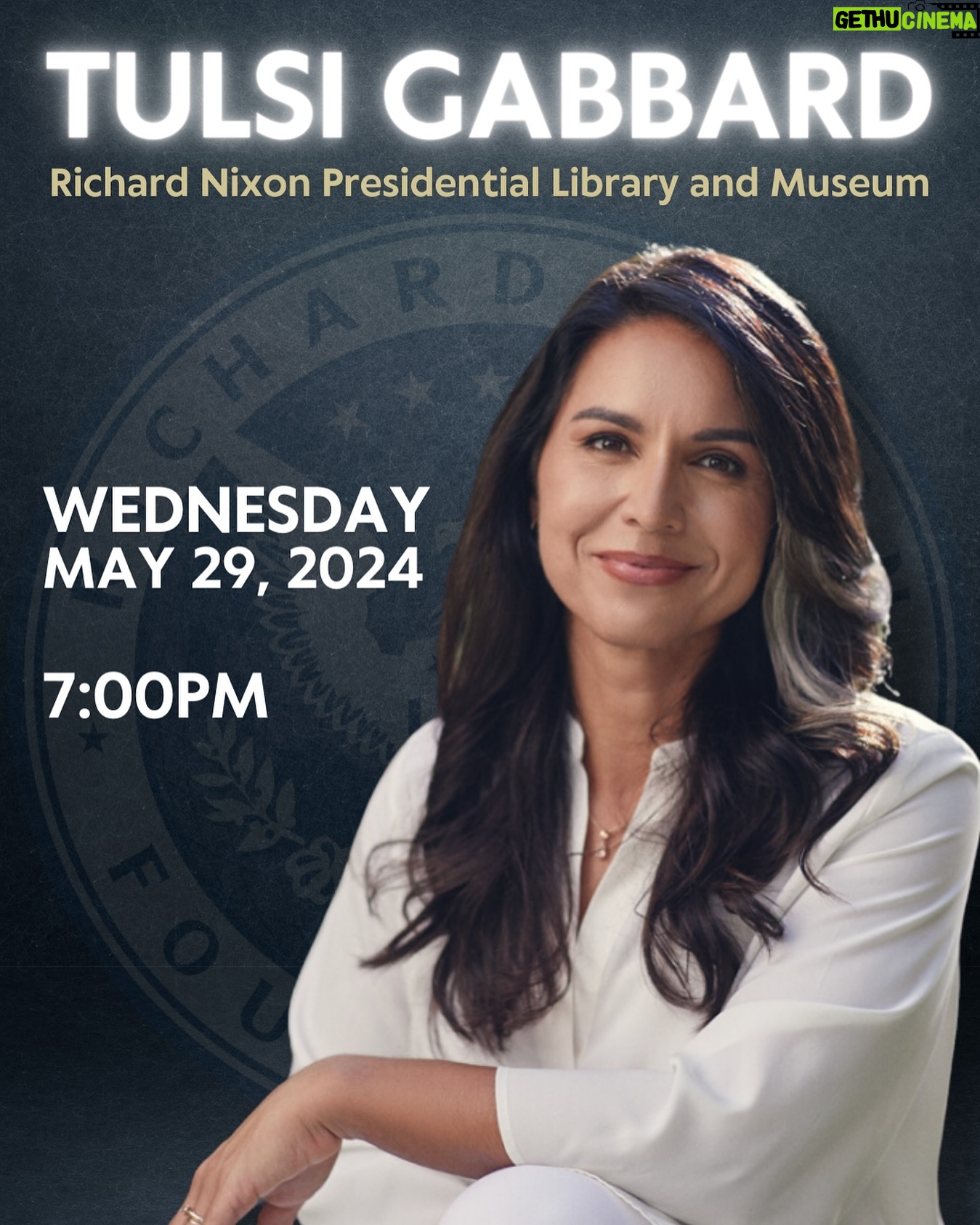 Tulsi Gabbard Instagram - On May 29, join four-term Congresswoman and 2020 Presidential Candidate Tulsi Gabbard for her inaugural appearance with the Nixon Library. Comment “Tulsi” to get the link to purchase your ticket today!
