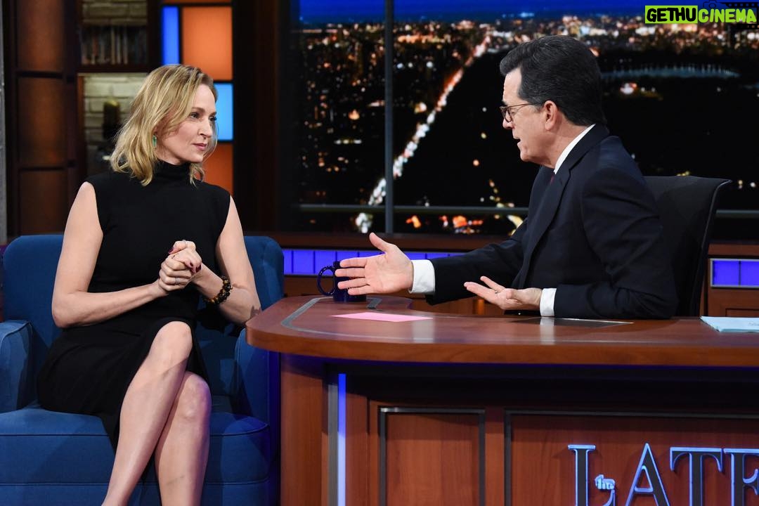 Uma Thurman Instagram - Thank you to the great Mr. Colbert who did me the honor of coming to my show, The Parisian Woman. Being on air live with you again is a thrill. I love what you do!! Watch us tonight!