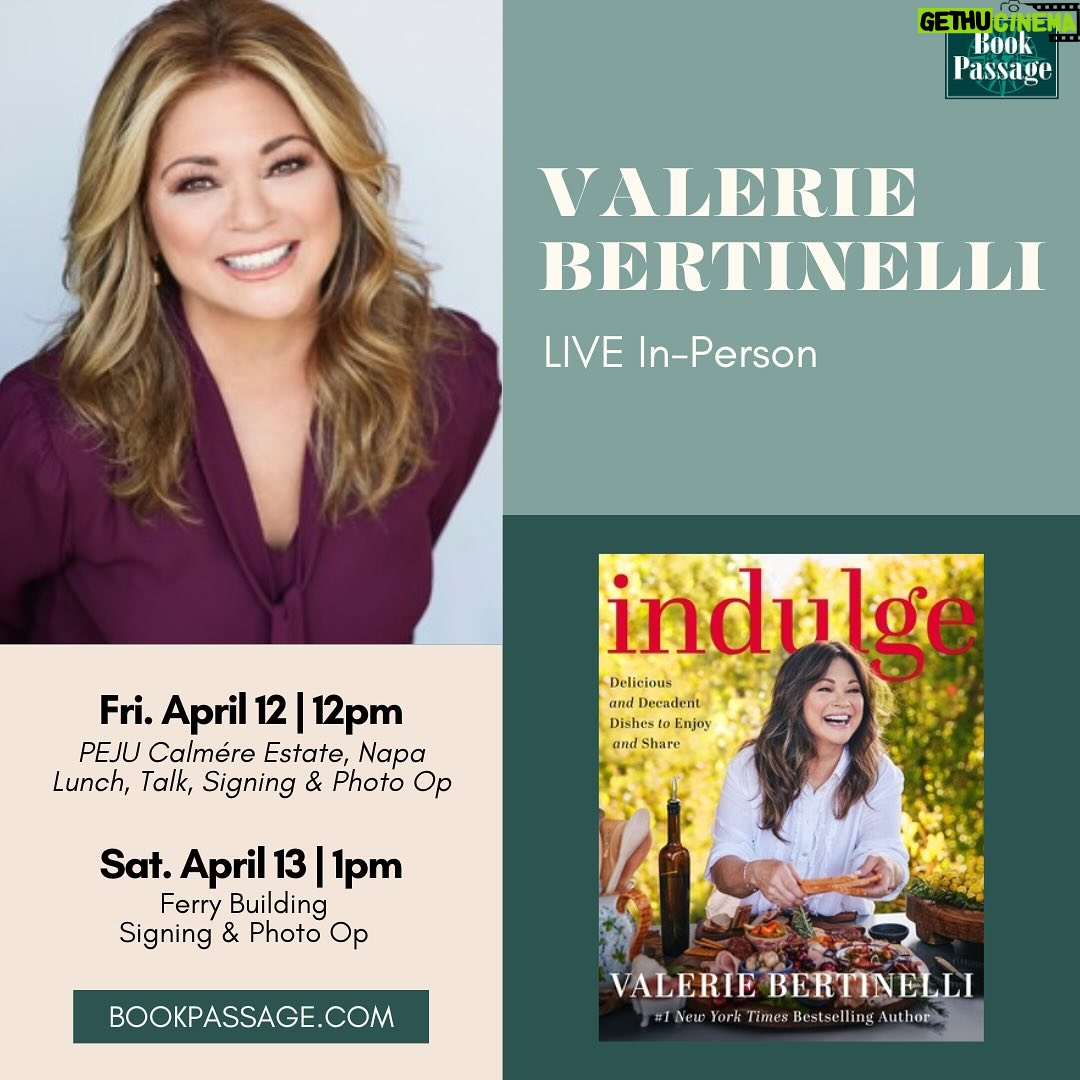 Valerie Bertinelli Instagram - 🎉 We have not one, but TWO unforgettable events coming up with the outstanding chef, author, and Emmy Award–winning host of the @foodnetwork shows, Valerie Bertinelli (@wolfiesmom)! 📚✨ Her new cookbook INDULGE teaches readers her secrets for indulging so you can start living your best, most fulfilling life too. 1️⃣ Join us on Friday, April 12th for a vibrant Cooks with Books lunch at PEJU Calmére Estate in Napa! 🍷🍽️ Seats are limited and going fast! Valerie is hosting a vitalizing lunch experience where you’ll have the opportunity to hear her talk about her new book, get your book signed, and even get a candid photo with her. Your ticket includes lunch with dishes from Indulge, wine, tax, tip, and a signed copy of her cookbook! 🎟️📖 Details can be found at bookpassage.com/event/cooks-books-valerie-bertinelli-indulge-peju-calmére-vineyard-napa. Link in bio! 2️⃣ Join us at our Ferry Building store on Saturday, April 13th for a chance to meet Valerie, get your book signed, and get a candid photo! 📸✍️ Your ticket to this event includes a copy of INDULGE! Details can be found at bookpassage.com/event/valerie-bertinelli-indulge-ferry-building-ticketed-event. Link in bio! Can’t wait for you all to join us! 🎉🥂 . . . . . #IndulgeWithValerie #CooksWithBooks #BookSigning #NapaLunch #valeriebertinelli #foodnetwork #sf #foodnetworkchannel #bakingchampionship #ferrybuilding #bayareachef #sfchefs
