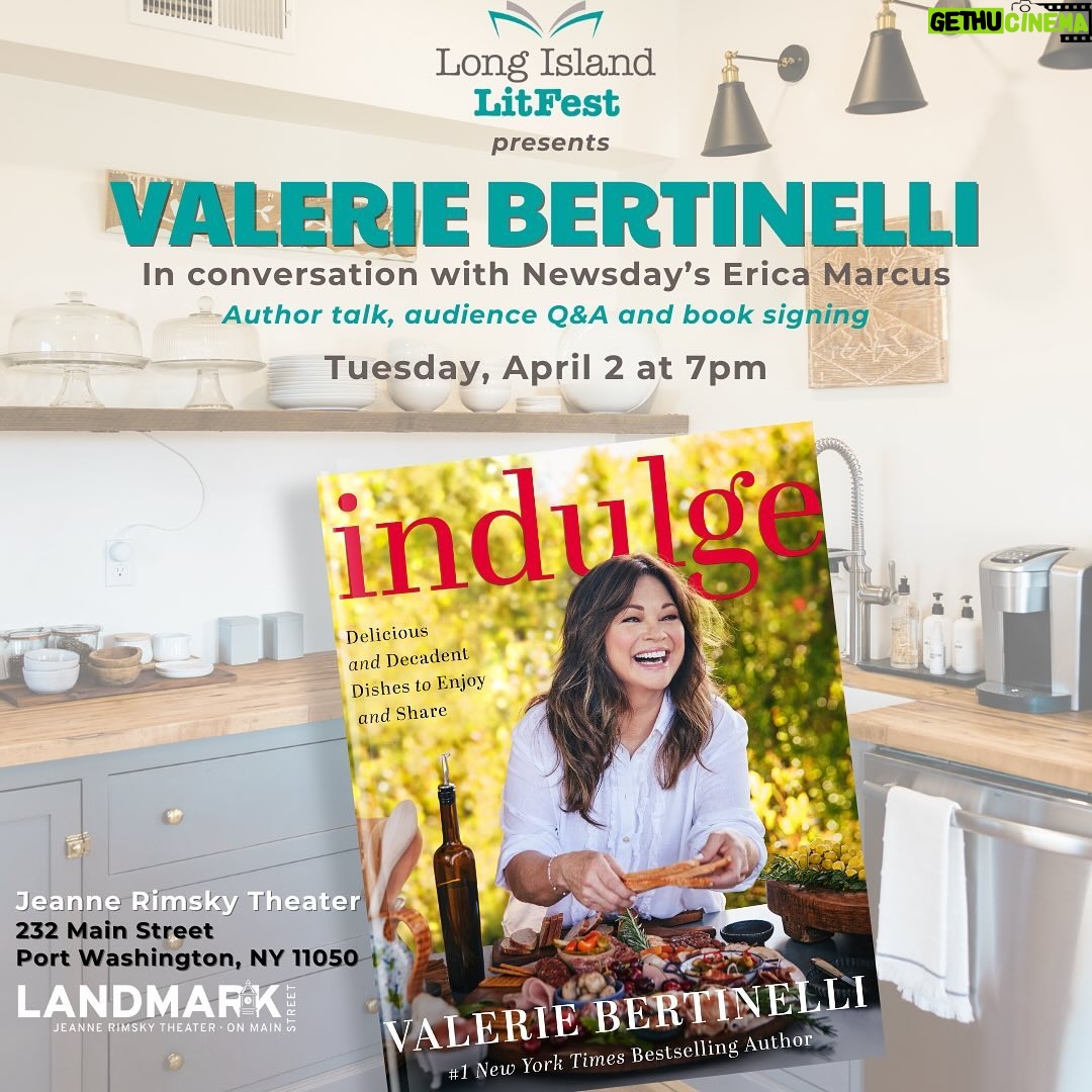Valerie Bertinelli Instagram - 🚨ON SALE NOW🚨 Coming to Port Washington on April 2 at 7pm: A special evening featuring beloved actress and New York Times bestselling author, Valerie Bertinelli (@wolfiesmom), as she talks with Newsday longtime food writer Erica Marcus about her most indulgent cookbook yet! Each ticket includes a copy of her book - Indulge, Delicious and Decadent Dishes to Enjoy and Share! Learn more here or via the link on our IG story 🔗: https://bit.ly/48lPyZI . . . #cookbook #valeriebertinelli #booksigning #bookstagram #longislandlitfest