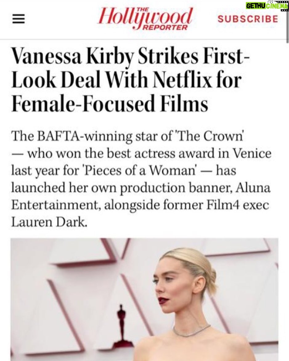 Vanessa Kirby Instagram - Very excited to say a long time dream of mine has come real. Honoured to partner with my friends @netflixfilm, who have been a true creative home since The Crown and Pieces Of a Woman and to have found my true ally in @lauren.dark, to create Aluna. We are united in our ambition to bring the many untold female stories to screen. We can’t wait to start.