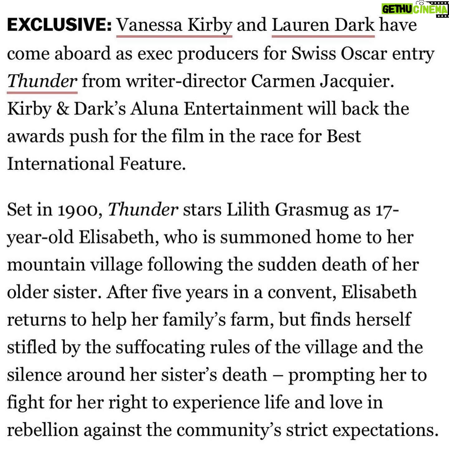 Vanessa Kirby Instagram - We are so thrilled to champion you Carmen. You have made the most astonishing first film and we are so proud to be with you on the journey. Thunder is out now in select cinemas. @alunaentertainment