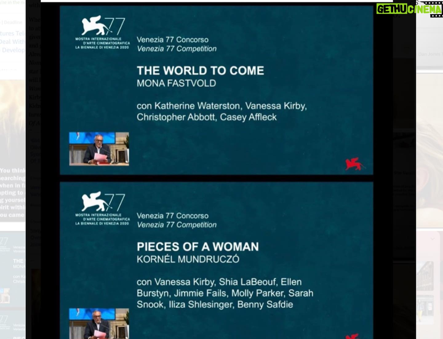 Vanessa Kirby Instagram - Beyond thrilled that two of the films most close to my heart, Pieces of a Woman and The World to Come, will be part of the main competition at Venice Film Festival this year. The people I worked with in both are like family to me, and so much love went into making them. Watching films during this strange, difficult time has helped me through so many days, and I am so excited to share these two with the world. Thank you so much @labiennale