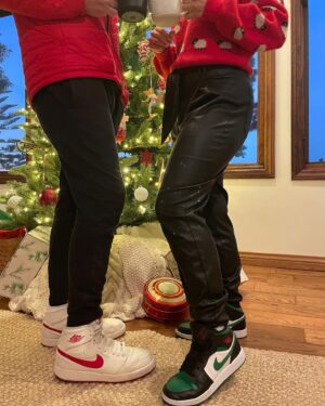 Vanessa Ray Instagram - Your favorite dorks (accidentally) wore matching Christmas outfits. I too am disappointed in us, but also we love Nikes and each other so🤷‍♀️🎄🎅☕️