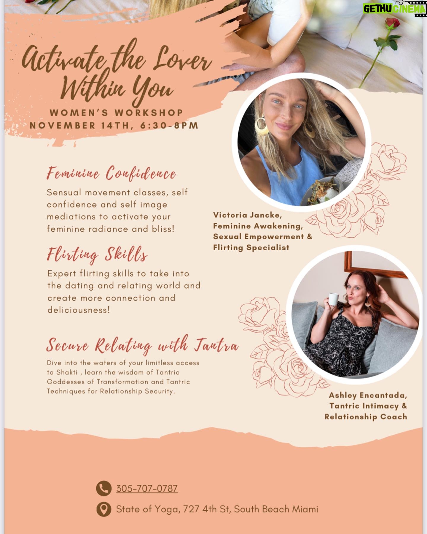 Victoria Jancke - 81 Likes - ❣️Women’s Workshop: Activate the Lover Within ❣️
Dive into the waters of your limitless access to Shakti in this unforgettable journey happening on Tuesday, November 14th, 6:30-8pm
❣️
-Learn the common relationship and intimacy killers that high achieving women mistakenly engage in and end them for good by learning and implementing new relationship skills.
-Overcome jealousy, end self doubt and ignite confidence in your femininity.
-Stop dating and relating in order to prove something to yourself or others, to receive validation or to fulfill expectations that aren’t authentically yours. So many of our relationship challenges as women lie in something essential to our sense of deep fulfillment and it’s time to set yourself free.
-Discover your true beauty and your most precious gems.
❣️
Sensual movement classes, self confidence and self image mediations using embodiment techniques and the wisdom of Tantric Goddesses of Transformation and Tantric Techniques for Relationship Security along with Expert Flirting Tips with Victoria Jancke, Feminine Awakening, Sexual Empowerment & Flirting Specialist, and Ashley Encatada, Internationally Sought After Tantric Intimacy & Relationship Coach are all on the delectable workshop menu at State of Yoga in South Beach Miami.
❣️
Take what you learn here and watch your most beautiful love life blossom!
Price: $59
Free (secret and absolutely sensational) gift with purchase!
Link in bio to sign up ❣️
#stateofyoga #womensupportingwomen #womenempowerment #feminineawakening #selflove #miamibeach #womenscirclemiami