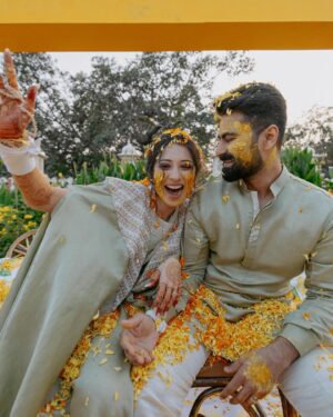 Vrushika Mehta Instagram - Under the Tuscan sun of love, surrounded by the warmth of family and friends, we painted our journey in shades of joy at our Italian-themed Haldi ceremony. 💛✨ Blessed with love, laughter, and countless memories. ❤
.
Captured by: @smaryafilms 
Jewellery: @houseofdoro 
Designed & Managed by: @faith13_events 
#rabhdivrushyy #haldi