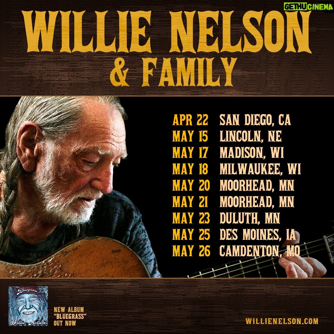 Willie Nelson Instagram - NEW DATES ADDED! Willie Nelson & Family have added Midwest dates and San Diego to the 2024 tour. Club Luck presale tickets and Premium Packages go on sale tomorrow, Wed. 1/17 at 10AM local time. Tickets on sale to the General Public Fri. 1/19 at 10AM local time. Visit willienelson.com to purchase tickets. Club Luck Members get exclusive ticket access before anyone else! Not a member? Join today at willienelson.com. Premium Packages include a Premium Ticket to the show PLUS exclusive merchandise!