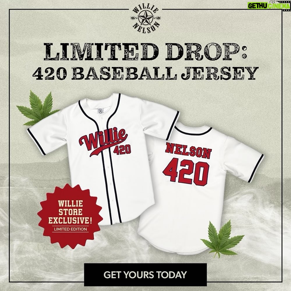 Willie Nelson Instagram - Keep the 420 celebration going by pre-ordering a limited edition baseball jersey! Shop now at the link in bio 🍃