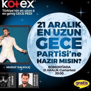 Yağmur Ün Instagram - Yılın en sevdiğim gecesine yakışır bir parti var! 🌒  Yılın en uzun gecesi 21 Aralık'ta Murat Dalkılıç, Jabbar, Doğuş Çabakçor bizi müzikleriyle dansa davet ederken benimle birlikte eğlenecek kişiyi de ben davet edeceğim!  Türkiye'nin en uzun ve en geniş gece pedi @kotexturkiye 'nin Bomontiada'daki bu eğlenceli gecesi için tam 5 kişi çift kişilik davetiye kazanacak. Yapmanız gereken tek şey beni takip edip yorum bırakmak.. Görüşmek üzere💋
#enuzungenişgecepedi  #uykunbölünmesin #kotexturkiye 
#kotexileenuzungece