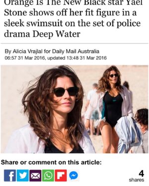 Yael Stone Instagram - Shout out to this publication for committing themselves to celebrating my body! Thank you for paying for creepy long lens images of me over the years in my swimmers and underwear. And such editorial insight to know that I was ‘showing off’ my body! I was certainly not simply at work or privately enjoying the company of my friends, I was definitely showing off. 
In all seriousness, I have felt so much shame and self hatred over the years about my body. When I saw the most recent images of my body, a body that 3 months prior birthed our 2nd baby I had a momentary desire to punish myself. But then I thought ‘That’s what this game is designed to make us all feel; shame.’ So no, I will not hate my body. I will not be ashamed of this body that does amazing things for me everyday. A body that gave us our daughters and performs all manner of biological miracles. And a body that is aging and changing and with one day will stop. Till that day I say thank you body for working so hard to carry me around! You are a lovely vehicle for my mind and spirit, those things that truly matter.