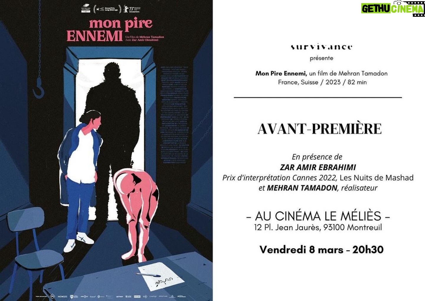 Zar Amir Ebrahimi Instagram - #Repost @mehrantamadoncinema ・・・ Chers ami.e.s, Pour celles et ceux qui ne savent pas encore, j’ai fini l’an dernier deux nouveaux films Là où Dieu n’est pas et Mon pire ennemi. Ils ont commencé leur vie en festival à Berlin en 2023 et ils sortiront en salle le 8 et le 15 mai 2024. Tout comme mon précédent film Iranien, Mon pire ennemi est une expérience. Je demande à des iraniens qui ont subi des interrogatoires en Iran de me le faire subir, ici en France, tel que pourrait le faire un agent du régime iranien. Il se trouve que celle qui accepte de jouer à ce jeu dangereux est Zar Amir-Ebrahimi, qui est par ailleurs une grande comédienne. Je ne vous en dis pas plus, pour éviter de trop dévoiler cet étrange film qui m’a préoccupé neuf ans. Mon pire ennemi sera en avant première au Méliès à Montreuil le 8 mars à 20h30. Zar Amir-Ebrahimi et moi serons là pour échanger avec le public. Pour avoir déjà fait plusieurs fois cette expérience du débat à deux, je trouve cela très riche et beaucoup plus intéressant que quand je suis seul. 👆🏽Le lien dans ma bio.