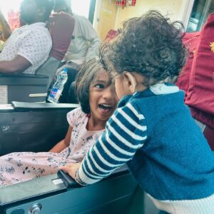 Abi Navya Instagram - Train travel for the first time with dhruv🥰🎉😘 laddu’s happy face 🤩 and he found one new girlfrnd in train 😆🫣😘he literally enjoyed the whole travel time ✨✨✨✨🫣

Wearing cotton kurta from @aaryes.collection