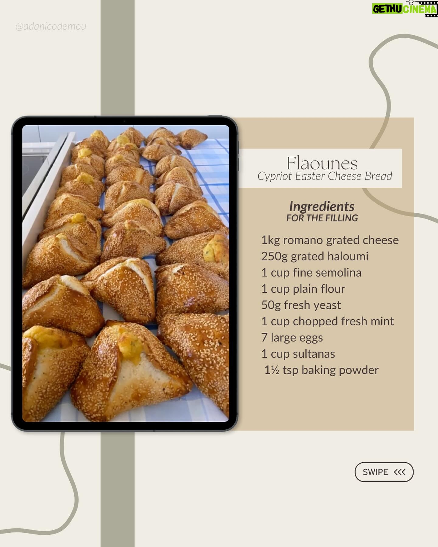 Ada Nicodemou Instagram - It’s Orthodox Easter this weekend so I gathered up Mums Flaounes recipe that you just have to try! ⭐️ P.S - the more sultanas the better! 😉 Happy Easter! x