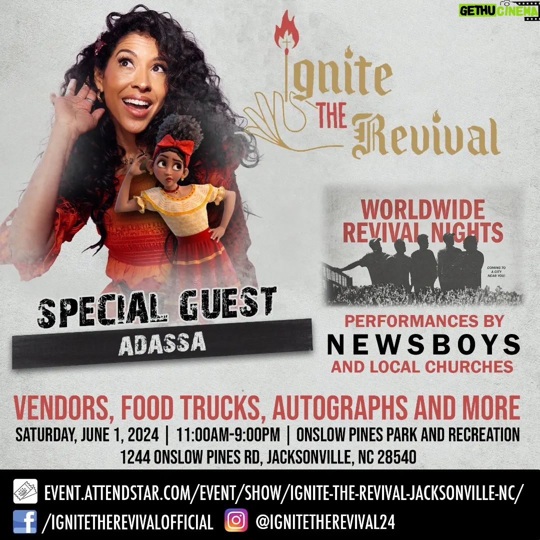 Adassa Instagram - We don't talk about Bruno but people will be talking when they meet Oscar, Grammy and Golden Globe winner @adassaofficial to @ignitetherevival24 at @onslowcoparksandrec June 1st!! Adassa is best known for her character Delores in the #disney hit movie #encanto She will be dressed in character for fans, signing autographs, taking pictures and giving testimony at Ignite The Revival. TICKETS ARE AVAILABLE NOW https://event.attendstar.com/event/show/ignite-the-revival-jacksonville-nc/ #restoretheroar #ministry #revivalstartswithyou #ignitetherevival #christianmusicfestival #church #popculture #newsboys #popculture #drangonballz #dragonballsuper #northcarolina #yuyuhakusho #ededdneddy #godsnotdead #onslowcounty #jacksonvillenc #powerrangerszeo #northcarolina #Jesus #charity #ymca #childreninternational #raiderrealtyfoundation #comiccon #anime #powerrangers #christianrap