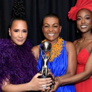 Adjoa Andoh Instagram - So delighted for our win at 2024 #NAACPImageAwards for
Outstanding Drama Series 
Queen Charlotte: A Bridgerton Story
Thx to Shonda Rhimes for her brilliance & all wonderful team @shondaland @netflix. Fab to attend with amazing @goldarosheuvel & stunning  @arsemathomas Huge Thx to
designer maisonrabihkayrouz & @annahcstyle