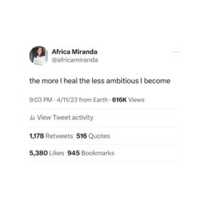Africa Miranda Instagram - twitter is where I share my inside thoughts outside. this unexpectedly resonated w/ a lot of people, so for #mentalhealthawarenessmonth I felt it would be good to share here. thank you to everyone who shared/commented there, LinkedIn and other places. clearly we are all carrying a lot 🤍 

stepping away from what I like to call the “Black Girl Magic Industrial Complex” has been an adjustment. we’re rewarded with social and literal currency to be our shiniest overachieving selves, meanwhile many of us are barely holding on. while i can’t speak for everyone - it wasn’t sustainable for me. 

i didn’t expect such an overwhelming response and it is VERY clear this is an extended convo worth having - and when the right platform presents itself I look forward to sharing and diving into it more. 

xo🤍