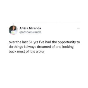 Africa Miranda Instagram - twitter is where I share my inside thoughts outside. this unexpectedly resonated w/ a lot of people, so for #mentalhealthawarenessmonth I felt it would be good to share here. thank you to everyone who shared/commented there, LinkedIn and other places. clearly we are all carrying a lot 🤍 

stepping away from what I like to call the “Black Girl Magic Industrial Complex” has been an adjustment. we’re rewarded with social and literal currency to be our shiniest overachieving selves, meanwhile many of us are barely holding on. while i can’t speak for everyone - it wasn’t sustainable for me. 

i didn’t expect such an overwhelming response and it is VERY clear this is an extended convo worth having - and when the right platform presents itself I look forward to sharing and diving into it more. 

xo🤍