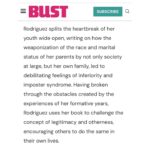Aida Rodríguez Instagram – Thank you @bust_magazine for this amazing write up on my book #legitimatekid It is bold and stares in the face of the many monsters that I wanted to confront. The womanNESS that showed up for me throughout my entire life cannot be overshadowed by the absence of my father. I really appreciate you pointing out what so many missed in my life, including me. My book has been out a month, and the responses that I have received have been overwhelmingly loving, supportive and full of gratitude. I appreciate every single one of you! I will continue to uplift the voices of the people who are often ignored and disrespected in this society. They are, and will forever be, my heroes‼️

Click the link in the bio and order a copy today. Legitimate Kid is available wherever books are sold.