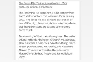 Alexandra Mardell Instagram - The Family Pile is out this month! 

Had the BEST time filming this in Liverpool last summer. Such an incredible cast and crew who are now friends for life! Hope you love it as much as we loved filming it! 
Get ready for some Mrs G side eye! 

• Jan 17th • 9:30 pm • ITV1 • Available to stream on ITVX from 17th • 

🧡 

 @hattrickprod @itvxofficial @itv