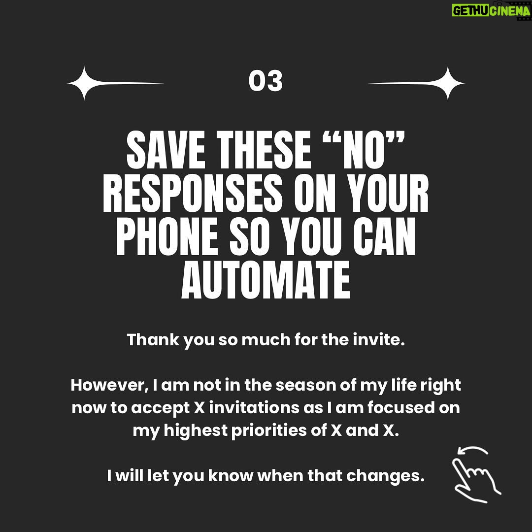 Ali Tate Cutler Instagram - ‼️‼️ Save these “No thank you” templates to your phone to automate your season of essentialism ‼️‼️ To be honest, I have been struggling. I feel burnt out. My mentorship business is thriving, there are modeling and influencing opportunities, social invites coming in every day. I have learned the hard way after getting sick the last two weeks what happens if you THINK you can do everything. You can’t. And you’re going to fail at your top priorities if you continue to say YES to every shiny opportunity that comes through. So I have saved these responses on my phone to automate the NO. Put a 🔥 if you’re in the burn out season and ready to say NO.
