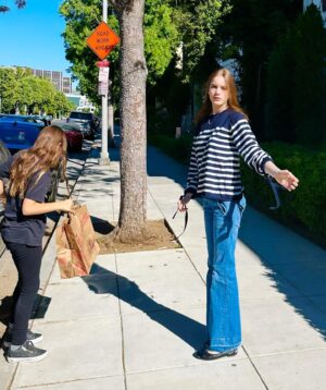 Alice Evans Instagram - Quick groceries run - but make it fashion! 

Swipe all the way right for the oh so cute little helper! 

#ellabetsi
#elsiemarigold 
#traderjoes 

Ella is wearing a top from Zara - almost vintage - prob about 10 years old; Yanulk jeans with front and back pockets from 2003; vintage Chanel black flats from the 1990s. ( I think!) 

Elsie is wearing her old navy leggings from a few days ago; her fave t-shirt and her vans. Cos that’s the way she rolls. 😍

Thank you for indulging me! 

❤️❤️❤️❤️❤️❤️❤️❤️❤️