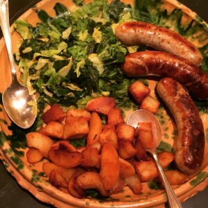 Alice Waters Instagram - I wish you could taste this plate of "Food to Go" from Chez on Sunday. I have always loved boudin blanc with fried potatoes and apples. But this addition of savory cabbages was a perfect addition.