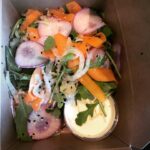 Alice Waters Instagram – I love shaved vegetable salads!  Chez Panisse made this one yesterday with purple turnips, fennel, carrots and rocket. Using a mandolin , you can change the shape of vegetables every day of the week all winter long. Apples and persimmons are great in there too.