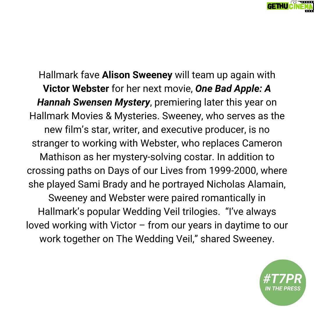 Alison Sweeney Instagram - We cannot wait for the upcoming Hannah Swensen Mystery! The first project #t7prclient @alisweeney has written for Hallmark 👏 So grateful to @soapsteph and @tvinsider for the exclusive. Link in bio for the full article!